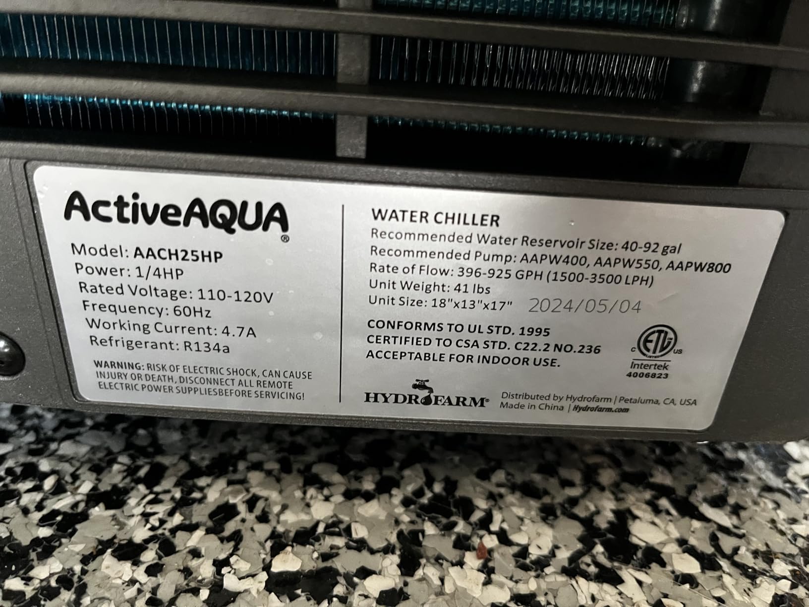 Active Aqua Hydroponic Water Chiller for Aquaponics, Plunge Baths and Aquariums, 0.25 HP - Portable Cooling System with Boost Function for 40-92 Gallon Reservoirs, Pure Titanium Evaporator Cooler customer photo 1