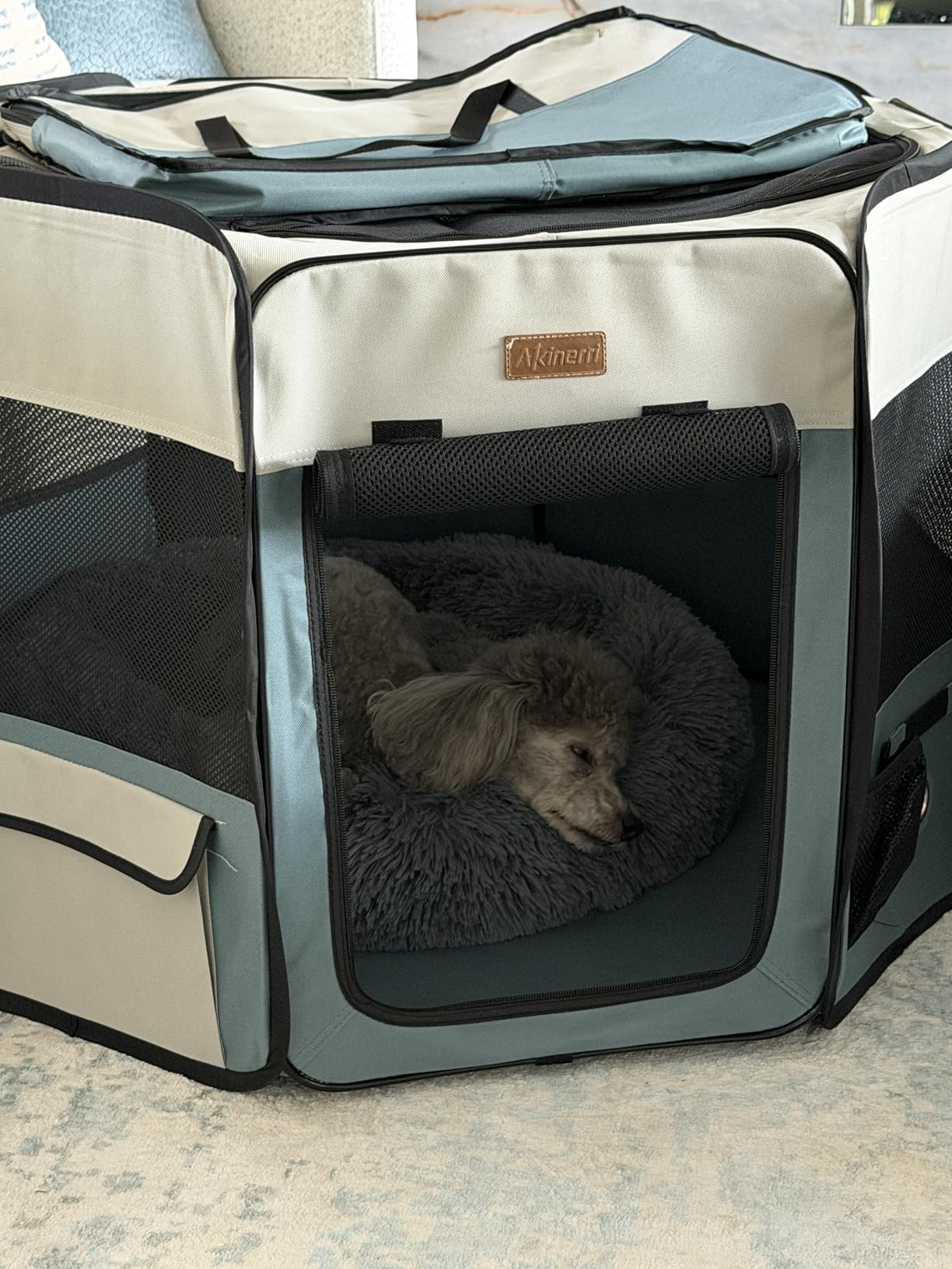 Akinerri Portable Dog Playpen, Foldable Pet Play Pen for Puppy Cat, Black | Pop‑Up Dog Playpens Indoor & Outdoor, Waterproof Dog Kennel Cage, Removable Top, Travel Camping Playpen, Medium Size customer photo 2