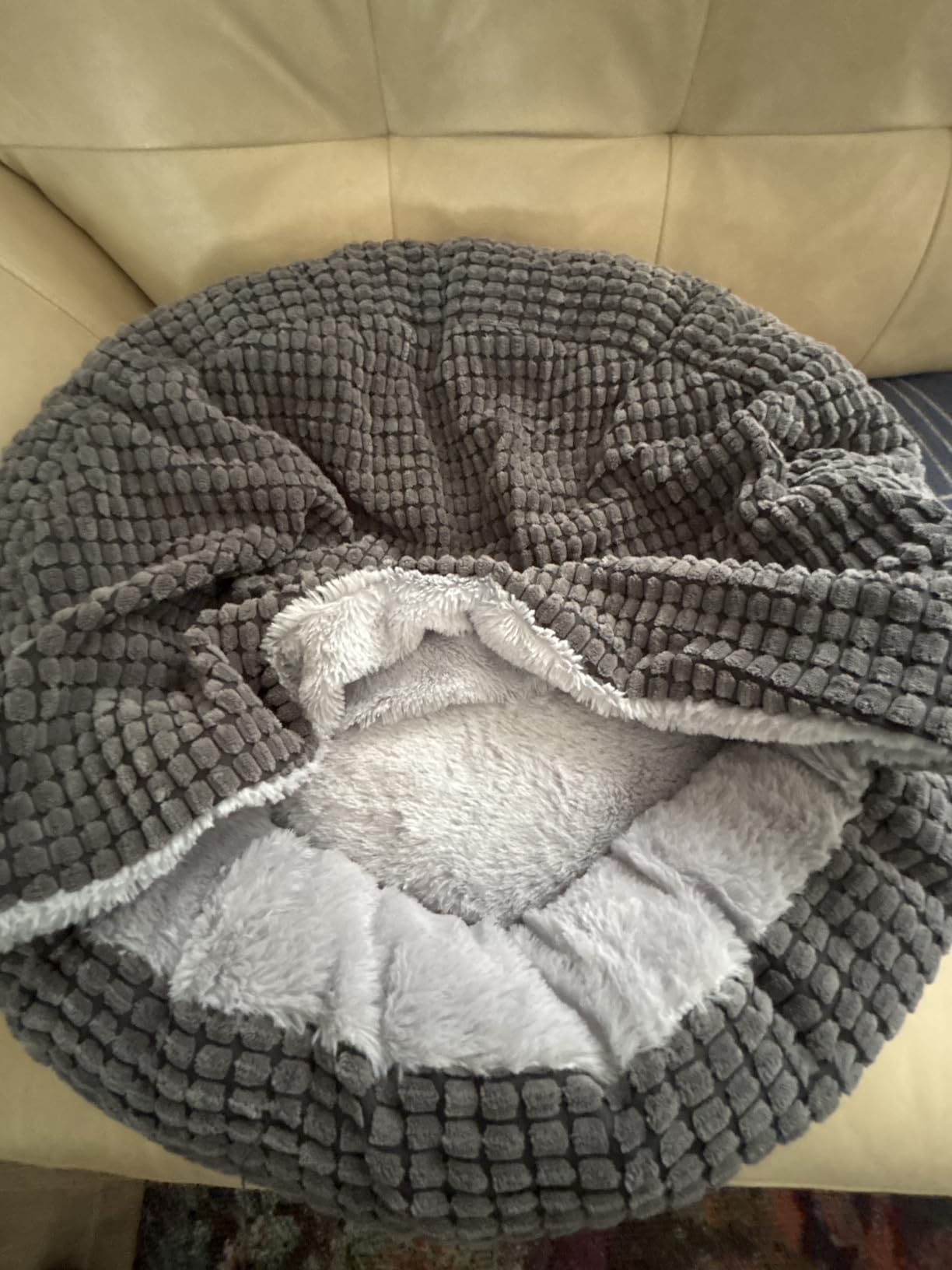 Small Dog Bed with Attached Blanket, Cozy Donut Cuddler Anti-Anxiety Hooded Pet Beds Calming Cave Bed. Orthopedic Round Puppy Beds for Dogs or Cats Washable, Anti-Slip Bottom, 23inch customer photo 1