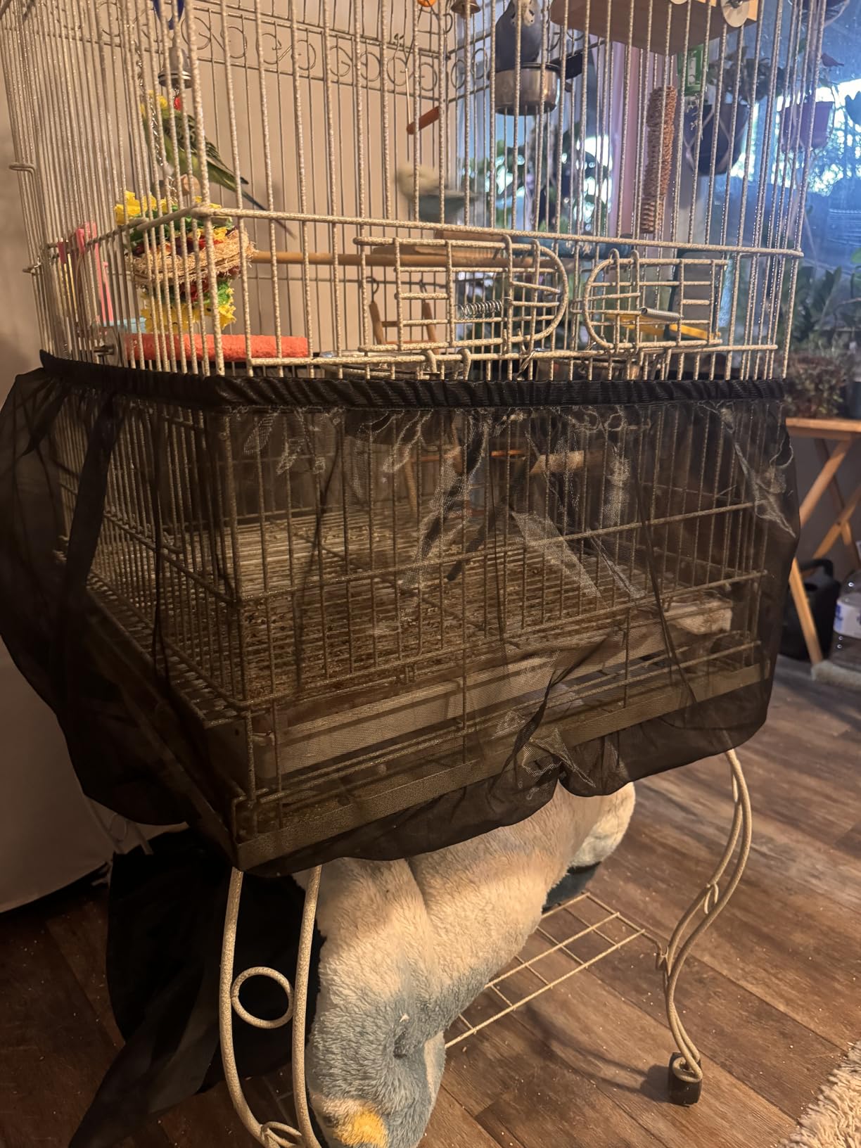 Tamu style Bird Cage Seed Catcher, Stretchy Mesh Skirt, 55-100 inch, White | Stretchy bird cage cover with nylon netting; breathable net catches seeds and feathers while allowing airflow and light. customer photo 1