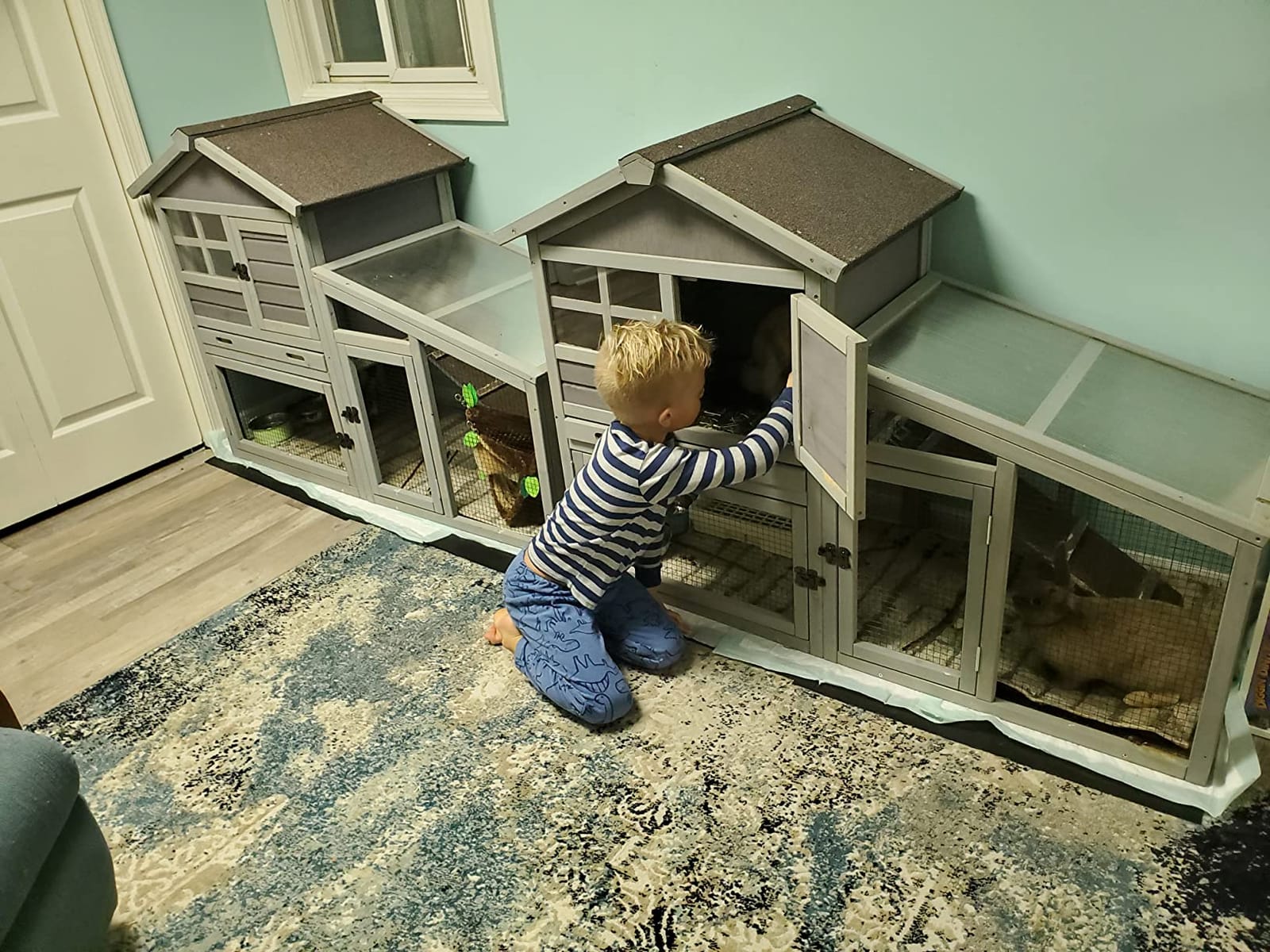 GUTINNEEN Rabbit Hutch for Outdoor Indoor Use, Bunny Cage with PVC Layer and Bottom Wire Netting, Wooden Chicken Coop Rabbit House with UV Roof, Leakproof Tray, Run customer photo 1