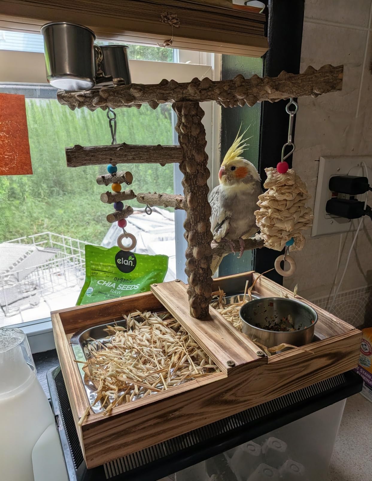 LIMIO Natural Wood Bird Toys Playground, Bird Cage Accessories, Bird Perches, with Removable Tray and 2 Stainless Steel Cups customer photo 2