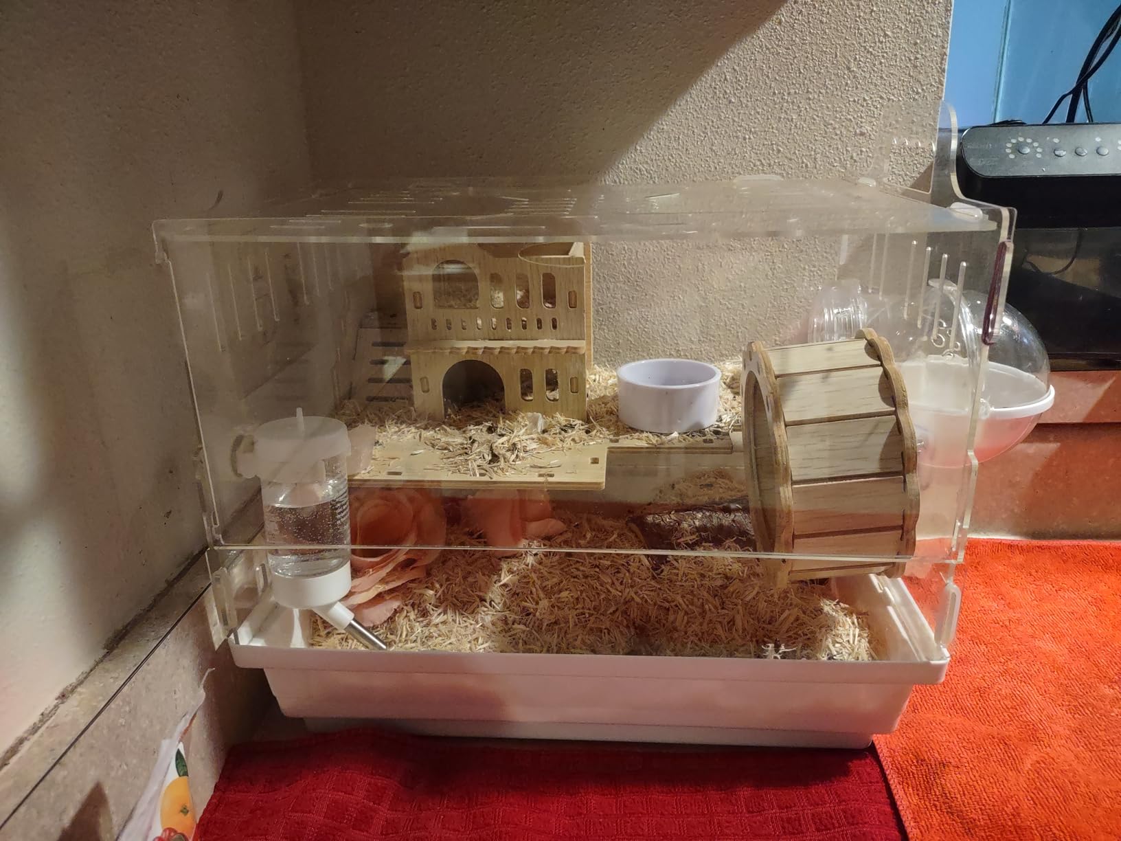 Cycodo 8 in 1 Acrylic Hamster Cage, 2-Tier Dwarf Hamster Cage with Wooden Wheel & Hideout, Small Hamster Habitat with Accessories, Clear Pet Mice House (Green, 14