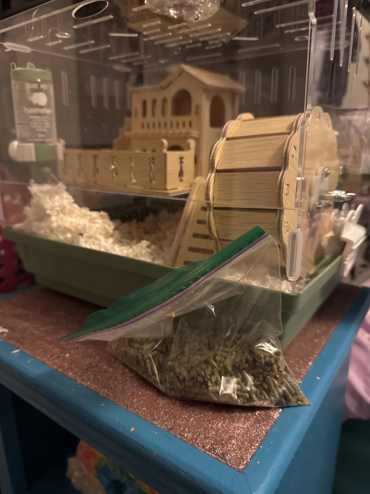 Cycodo 8 in 1 Acrylic Hamster Cage, 2-Tier Dwarf Hamster Cage with Wooden Wheel & Hideout, Small Hamster Habitat with Accessories, Clear Pet Mice House (Green, 14