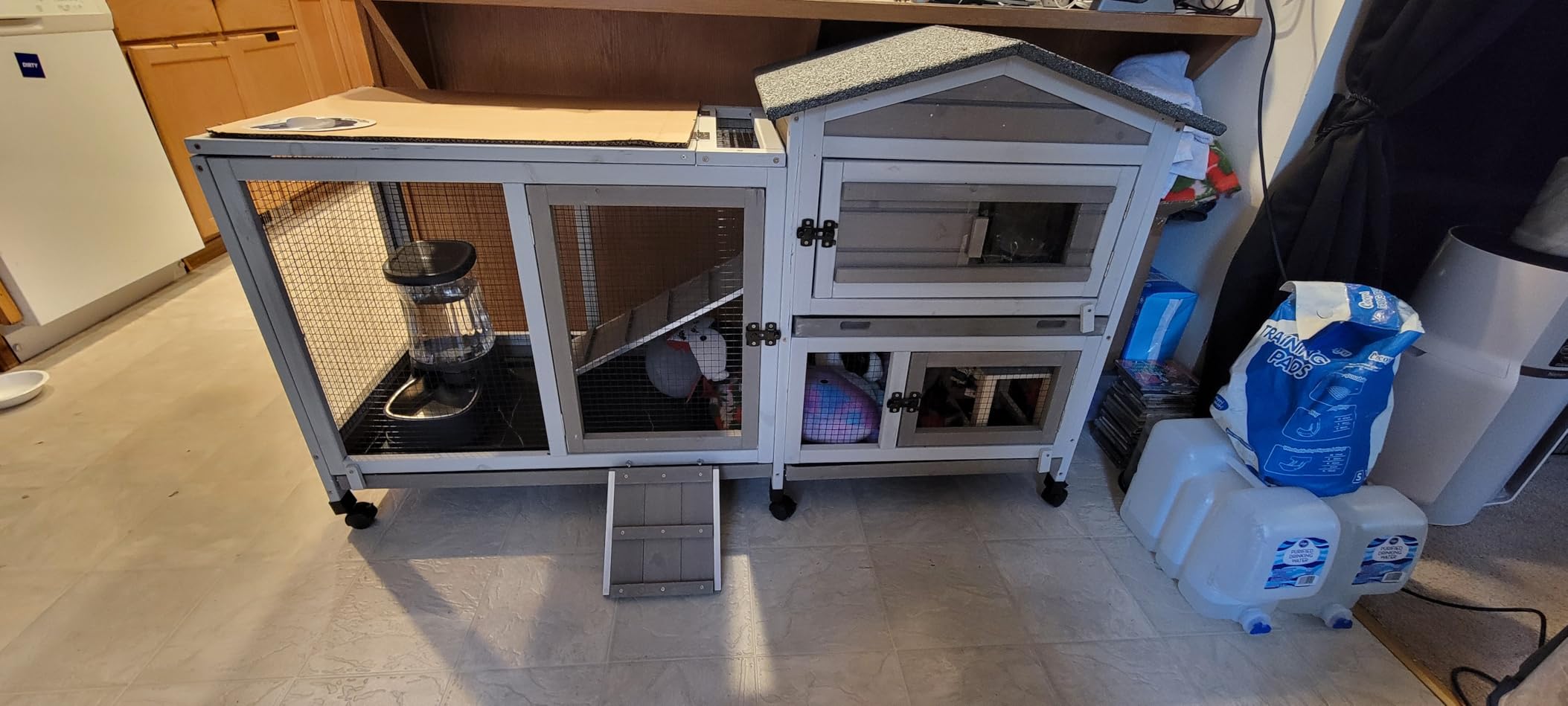 Rabbit Hutch Indoor and Outdoor 2-Story Rabbit Cage with Pull Out Tray, Fir Wood Pet House with Wooden Ramp, Waterproof Bunny Cage Indoor with 2 Asphalt Roofs, Grey (114