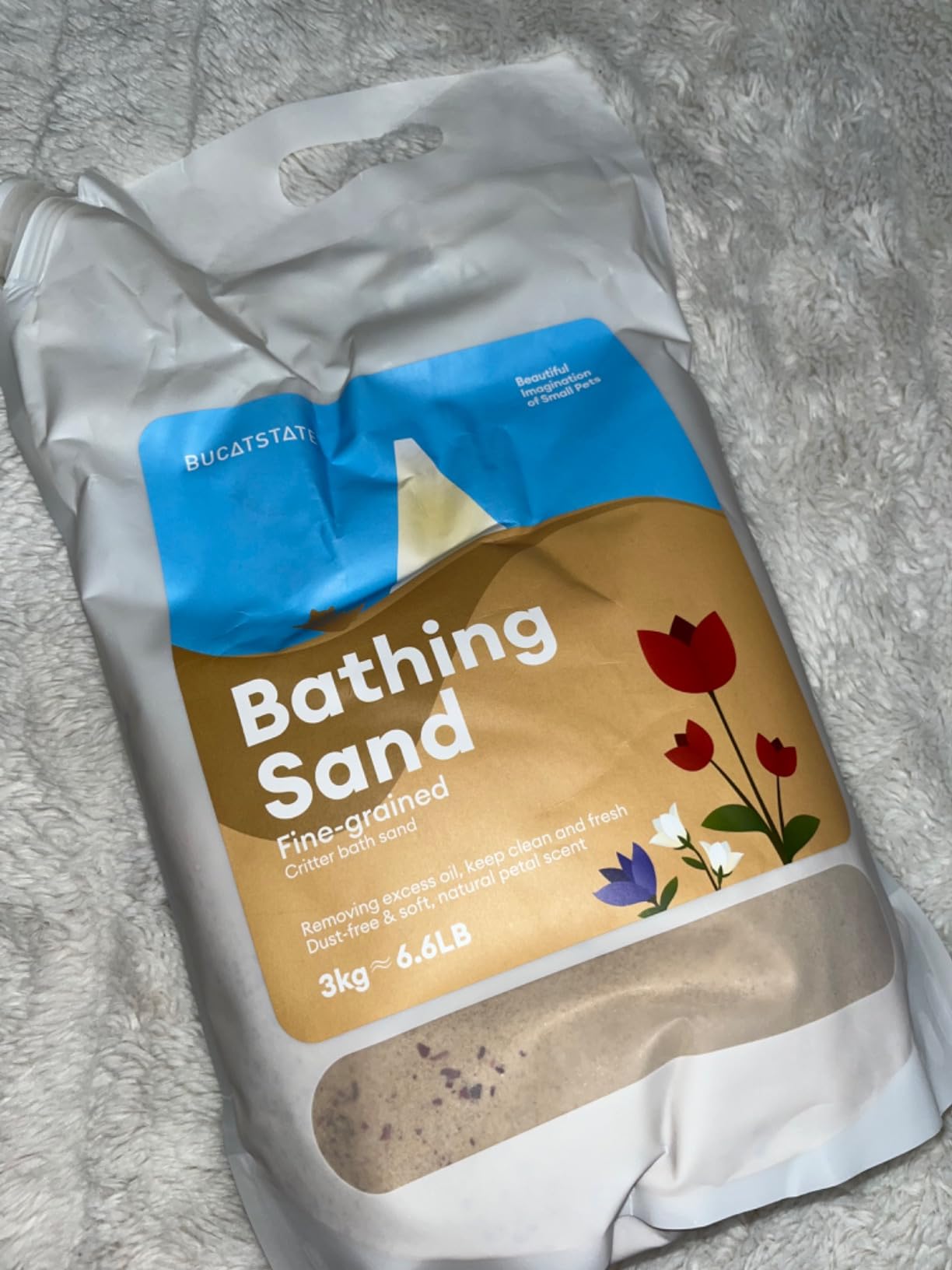 BUCATSTATE Hamster Sand, No-Dust 6.6LB Chinchilla Dust Bath with Pour Spout, 100% Natural Desert Bathing Sand for Syrian Hamster Gerbil Rat Mice Small Animals (Flower Smell) customer photo 2
