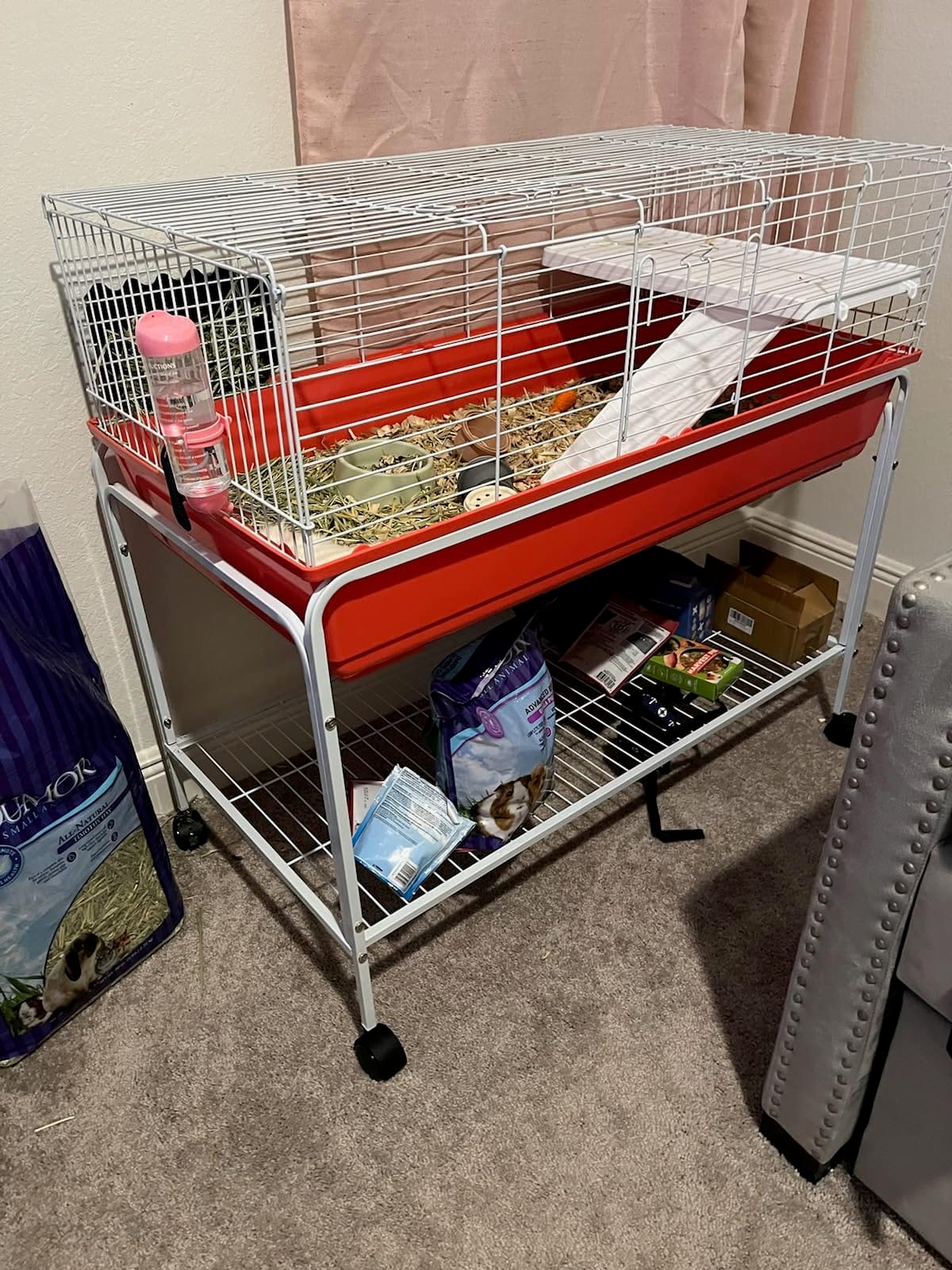 PawHut Two-Story Small Animal Cage Removable from Stand, Guinea Pig Cage with Shelf & Wheels, Pet Habitat for Hedgehog, Chinchilla, Ferret, 39