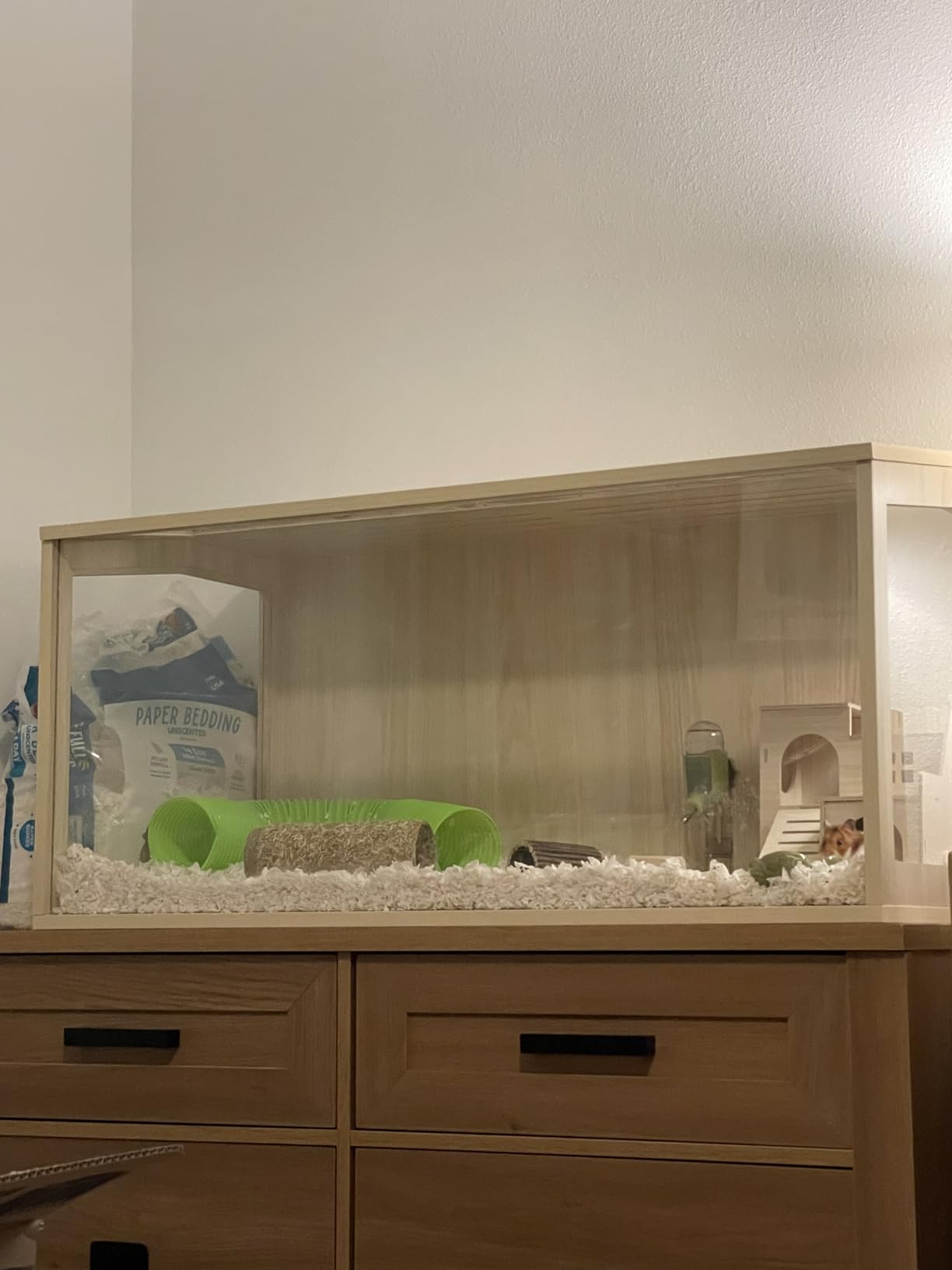 PROLEE Hamster Cage with Chewproof Wood Top, Guinea Pig Cages, Hamster Habitat with Clear Acrylic Sheets Solid Built, Small Animal Cage (Walnut, 32X15.5X15.5 inch) customer photo 1