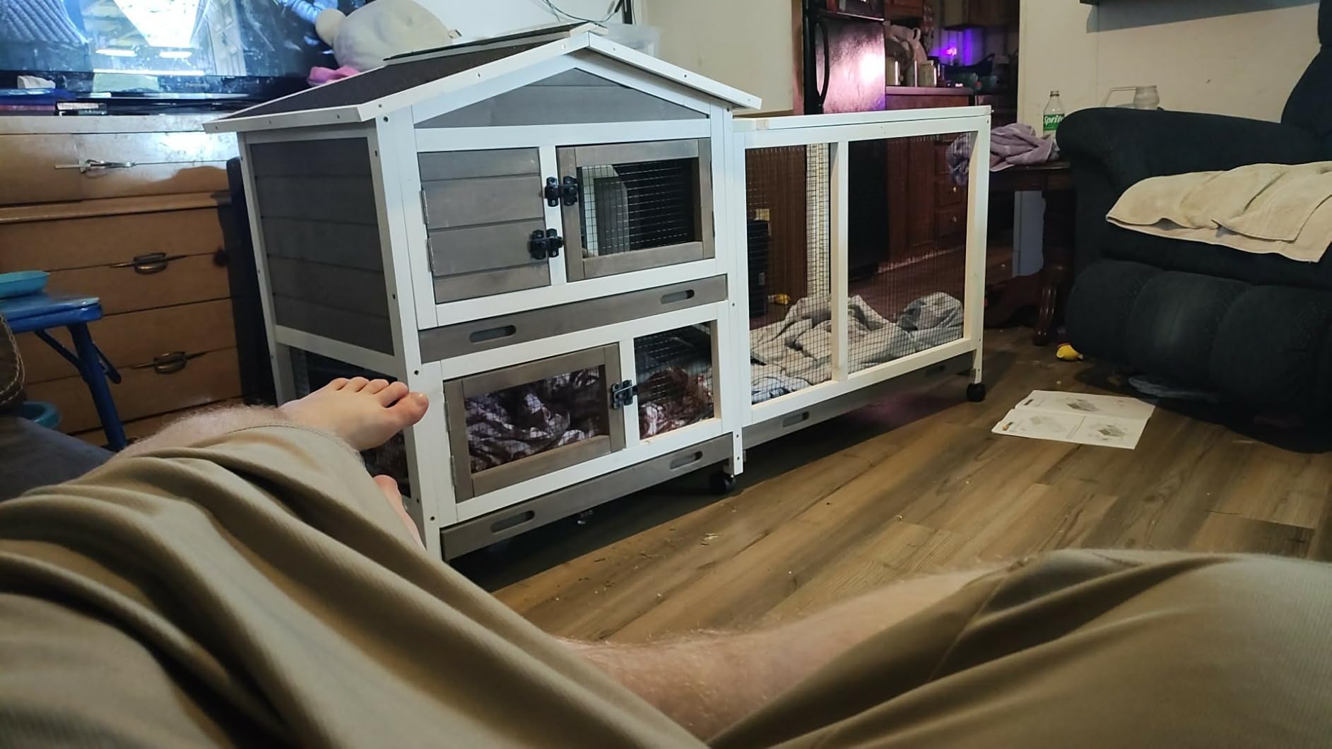 GUTINNEEN Large Rabbit Hutch Outdoor 2-Level Wooden Chicken Coop Indoor Weatherproof Bunny Cage Guinea Pig House with Waterproof Roof, Leak-Proof Pull Out Tray, Lockable Door for Small Animals (Grey) customer photo 1