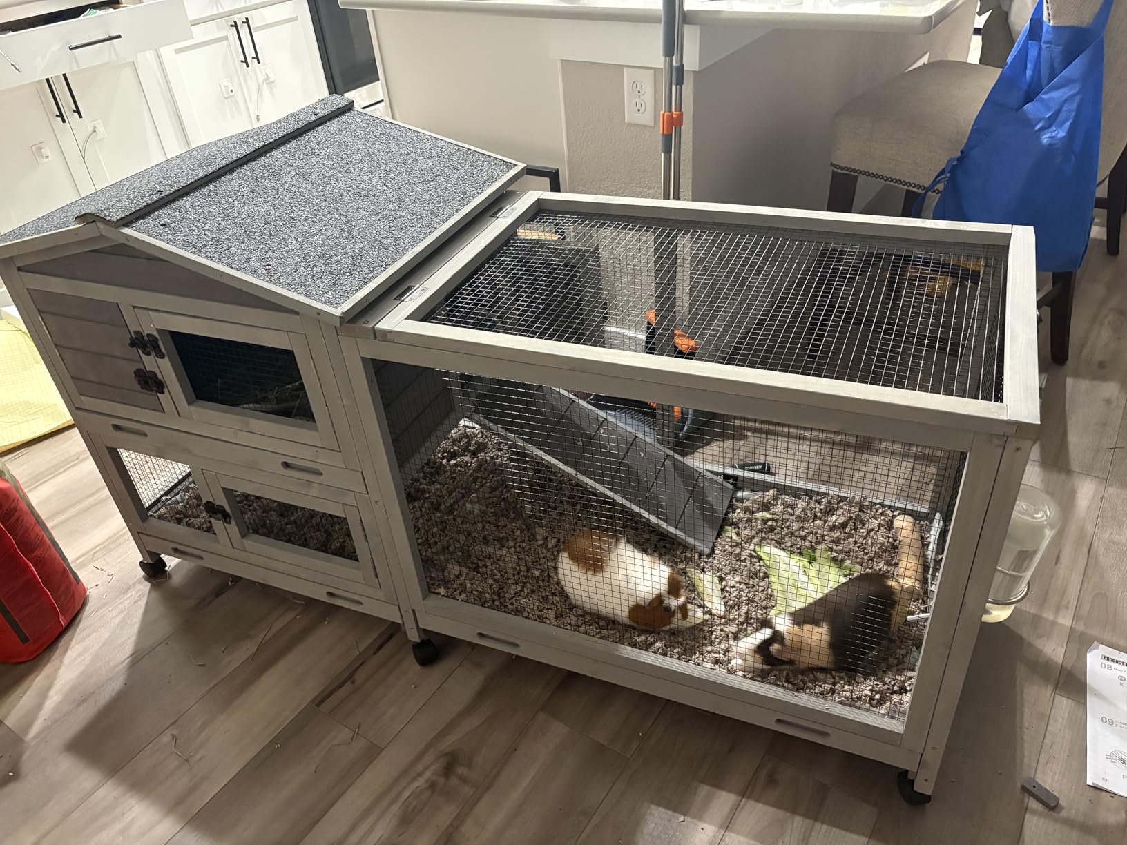 GUTINNEEN Large Rabbit Hutch Outdoor 2-Level Wooden Chicken Coop Indoor Weatherproof Bunny Cage Guinea Pig House with Waterproof Roof, Leak-Proof Pull Out Tray, Lockable Door for Small Animals (Grey) customer photo 2