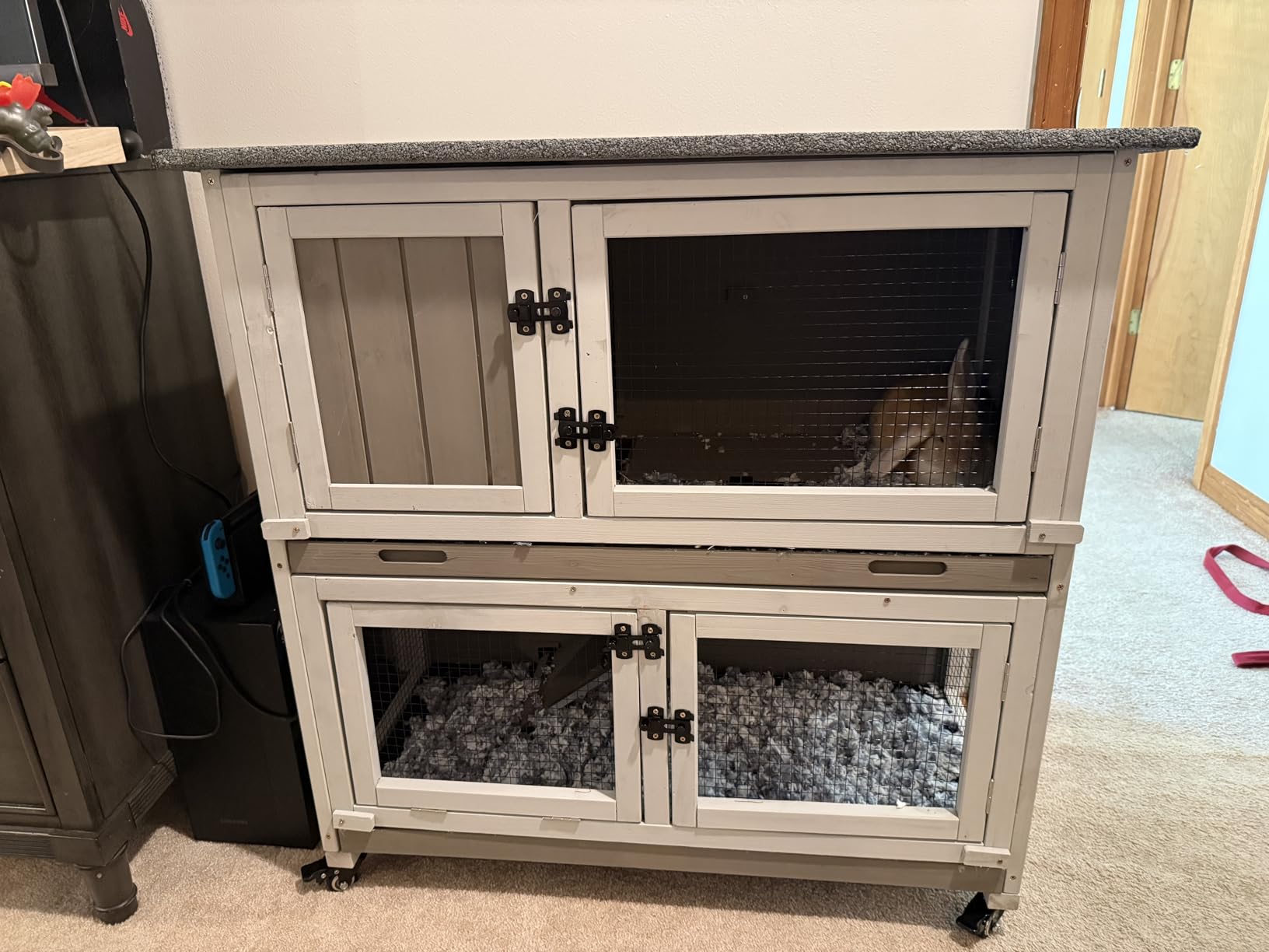 2 Story Rabbit Hutch Outdoor Indoor, Wooden Bunny Cage with 6 Lockable Wheels, 3 Removable No Leakage Pull Out Trays, Chew-Proof Ramp & Waterproof Roof, Ideal for Rabbit & Guinea Pig customer photo 1