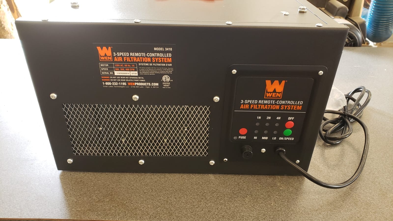 WEN 3410 3-Speed Remote-Controlled Air Filtration System (300/350/400 CFM), Basic w/ RF Remote (400 CFM) , Black customer photo 1