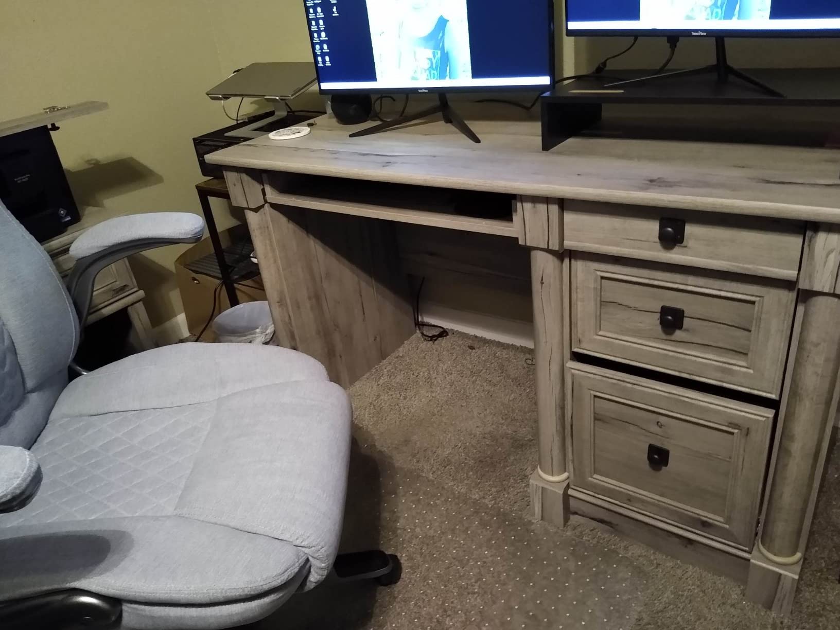 Sauder Palladia Computer Desk with Drawers, Home Office Desk with File Cabinet Storage Drawer, Cable Management, Keyboard Tray, in Vintage Oak finish customer photo 1