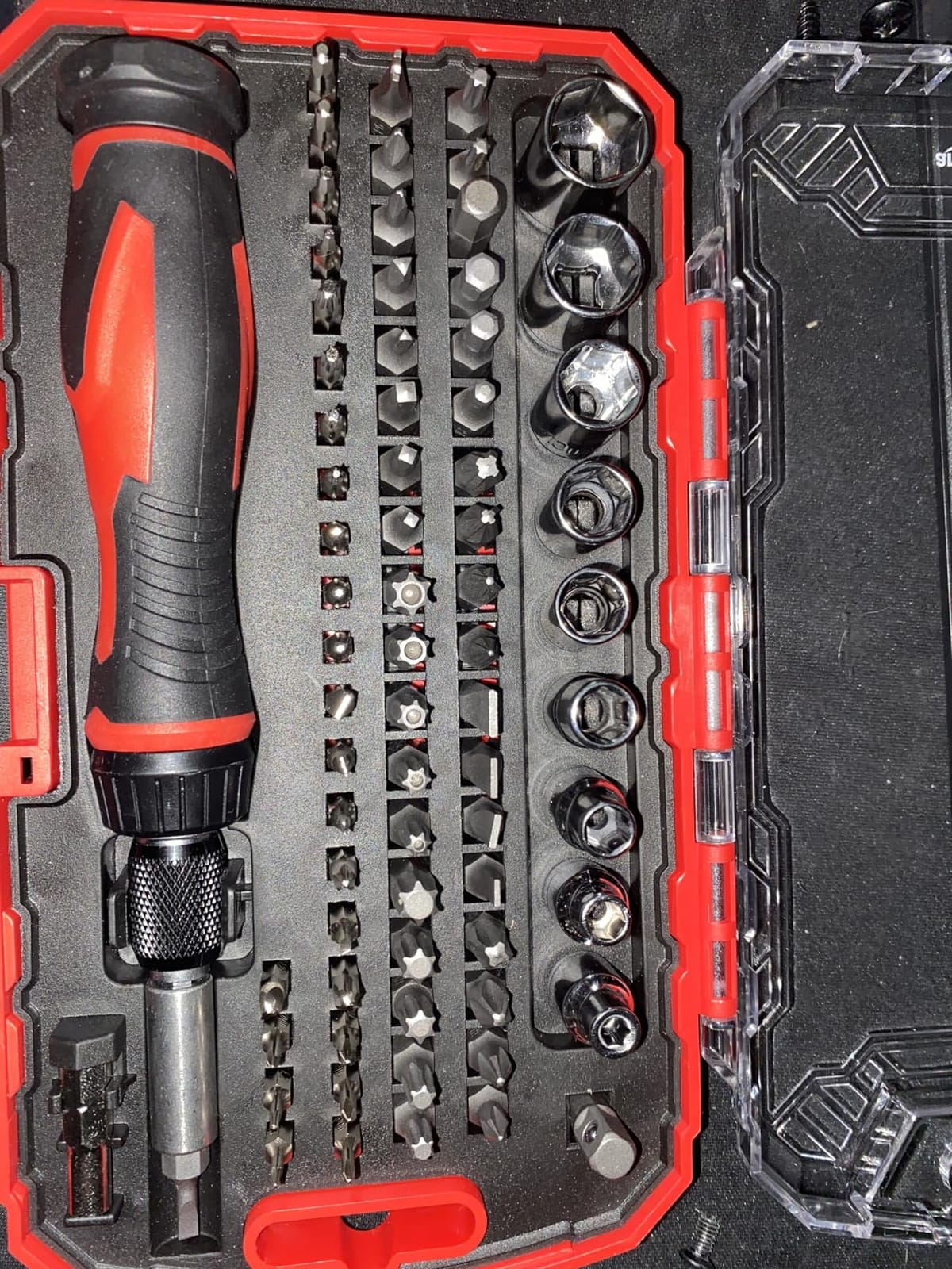 Amazon Basics Magnetic Ratcheting Wrench and Electronics Precision Screwdriver Tool Set, 73-Piece, with Carry Case for Household Repair, Small Jobs, Eyeglasses, Black/Red/Silver customer photo 1