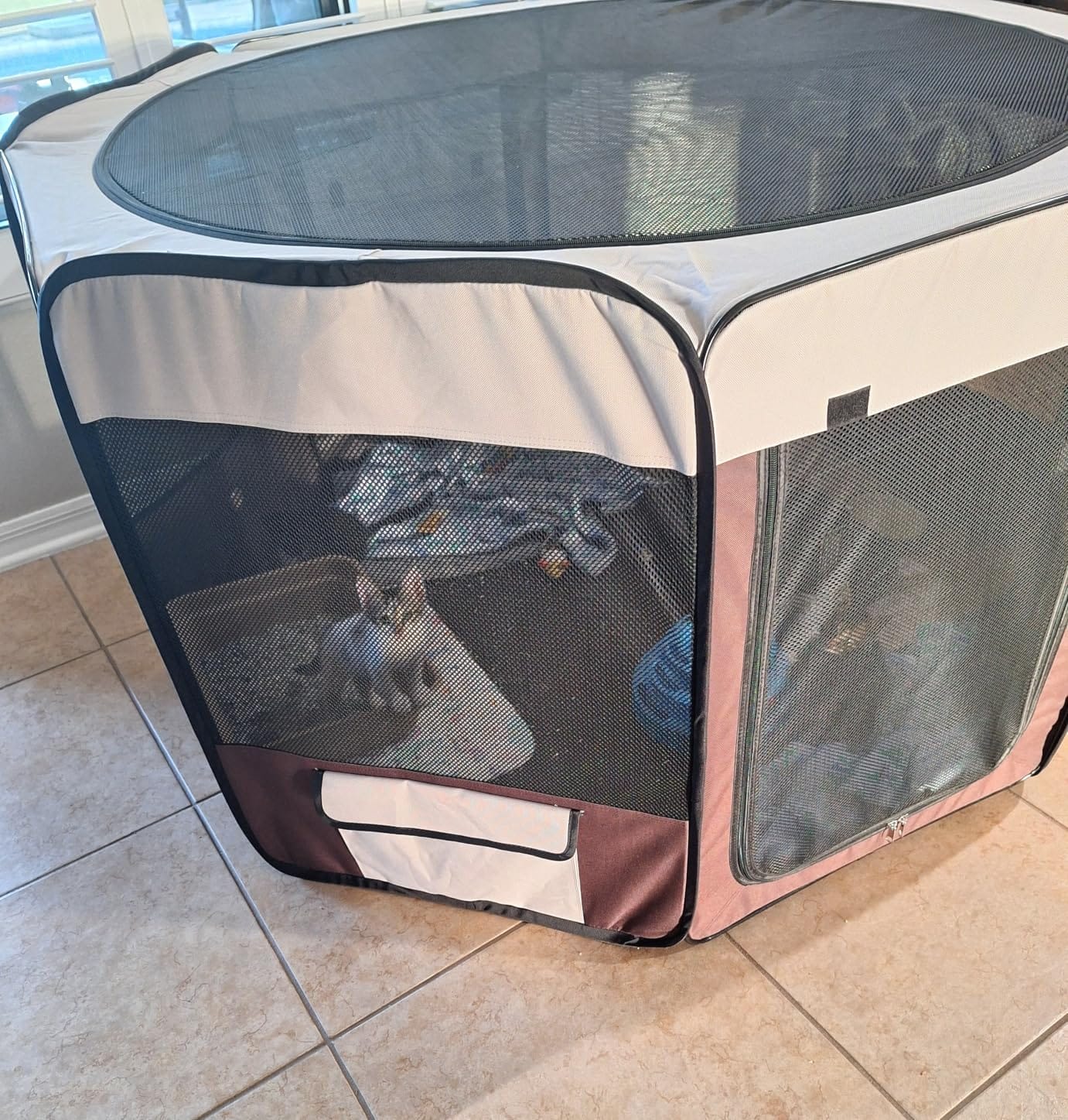 DONORO Dog Playpen Portable Pet Play Pens for Small Dog/Cat/Rabbit/Chicks, Cat Playpen Indoor/Outdoor with Carring Case, Removable Zipper Top and Bottom (Brown, Medium (35