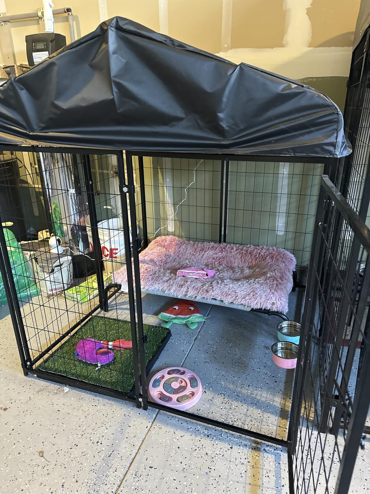 Dog Kennel Outside with Roof, 4'x4'x4.5' Outdoor Dog Kennel | Heavy-duty Welded Steel, UV-resistant Waterproof Cover, Secure Lock, Dog Crate Playpen with Ground Stakes for Large Dogs customer photo 2