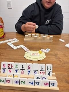 Mexican Train Dominoes Set with Numbers and 4 Wooden Trays/Racks, Double 12 Dominos Travel Set with 4 Tiles Holders, 91 Tiles Double 12 Colored Dominoes Game Set with Portable Case for Families Kids customer photo 1