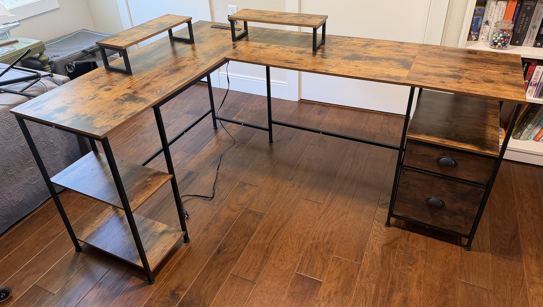 Furologee 66'' L Shaped Desk with Power Outlet and 2 Drawers, Rustic Brown customer photo 1