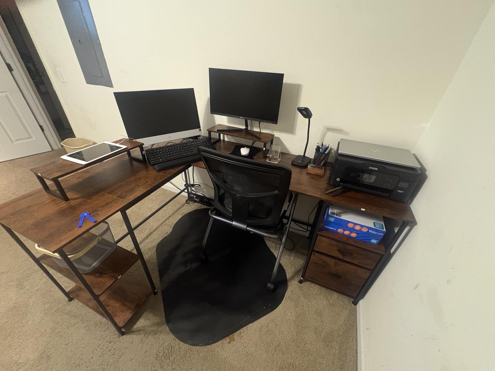 Furologee 66'' L Shaped Desk with Power Outlet and 2 Drawers, Rustic Brown customer photo 2