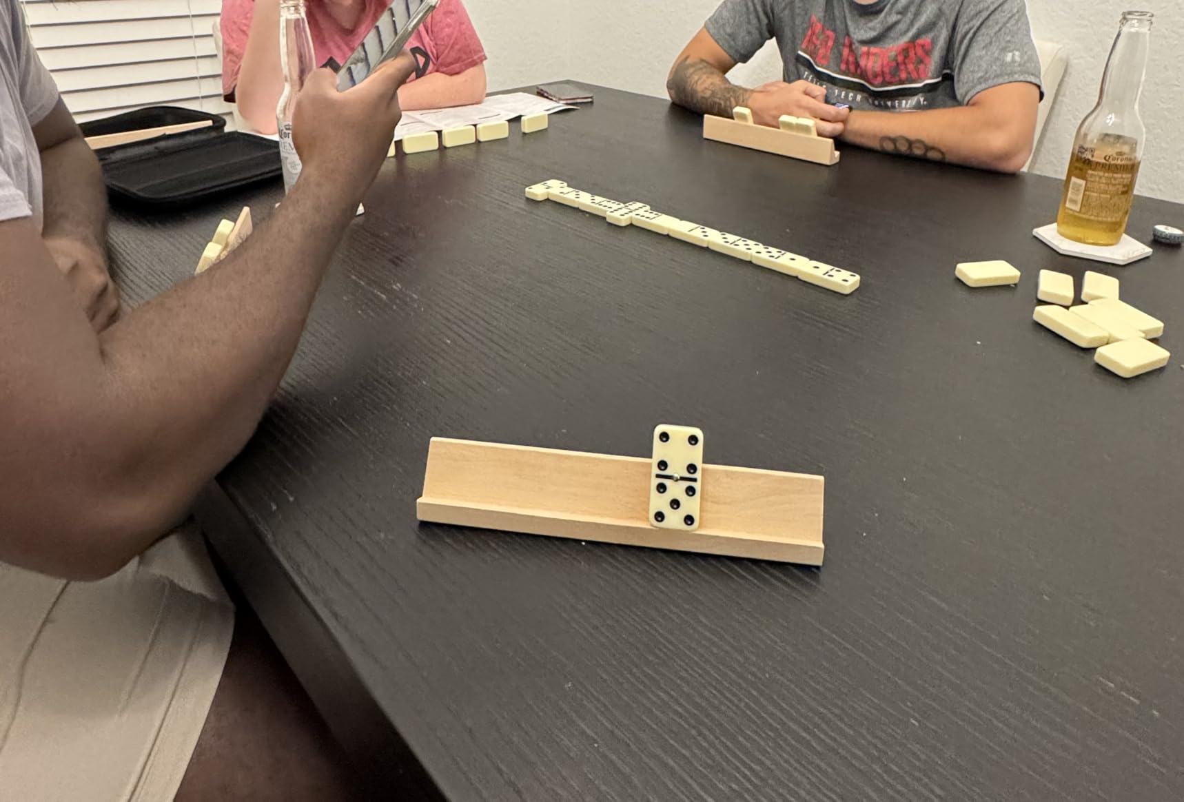 Dominoes Set Adults with 4 Wooden Racks/Trays Double Six Dominoes Travel Set with Portable Case Double 6 Dominoes Set with 4 Tiles Holders 28 Tiles Dominos Set Family Classic Board Games White customer photo 1