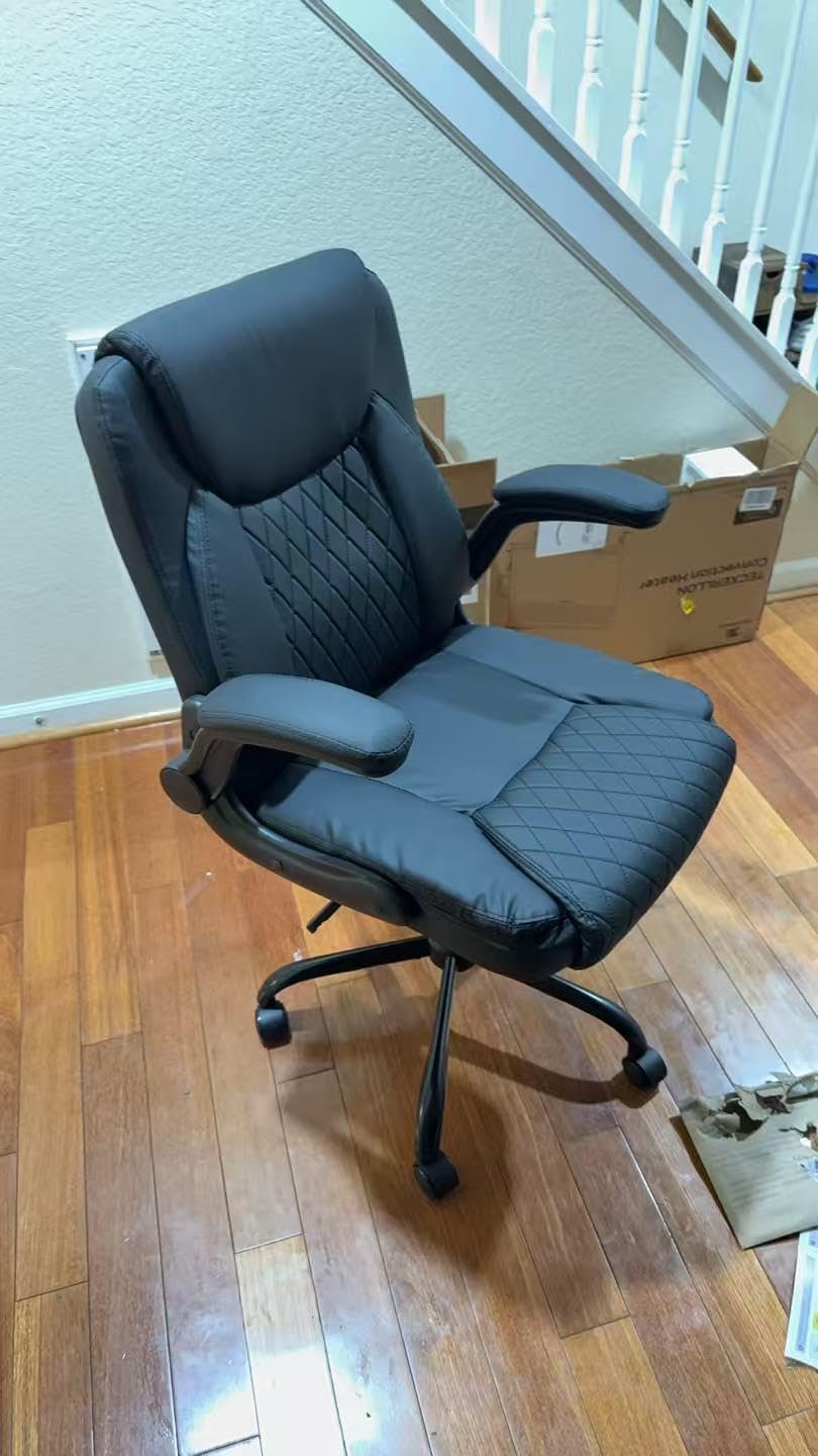 GTPOFFICE Executive Office Chair with Comfortable Lumbar Support, Ergonomic Gaming Chair with Flip-up Armrests & Zoned Pressure-Relief Cushion, Comfy PU Leather Desk Chair, Black customer photo 1