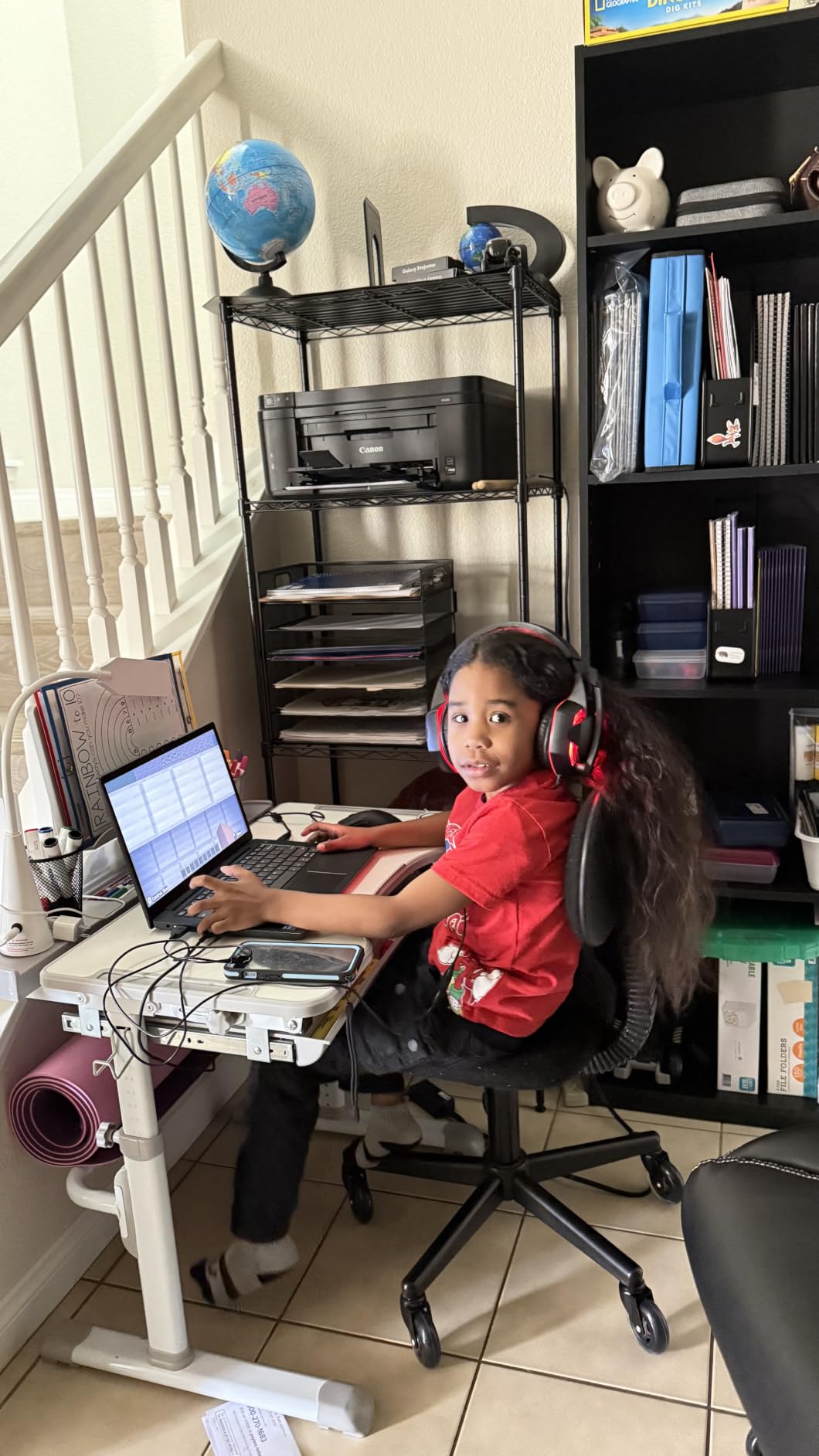 Real Relax Kids Desk and Chair Set, Children's Multifunctional School Tables with Tilt Desktop, LED Light, Metal Hook Grey customer photo 2